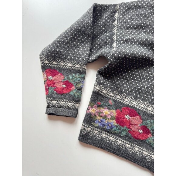 Vintage 00's ICELANDIC DESIGNS 100% Wool Knit Birdseye Floral Cardigan, Size M - Picture 8 of 15